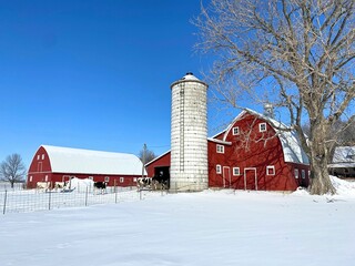 A photogenic working farm, complete with barns and buildings, in a snow setting