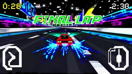 Pixelated red racing car speeding during final lap, leaving electric blue trails across neon charged futuristic cityscape under nighttime digital landscape - Powered by Adobe