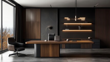 Modern office interior featuring a sleek wooden desk, stylish black chair, and elegant lighting, emphasizing a sophisticated and minimalistic design.