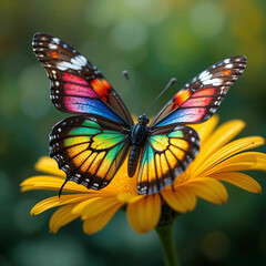 A multi-colored butterfly gracefully flies among vibrant natural surroundings, showcasing its vivid hues and delicate wings.