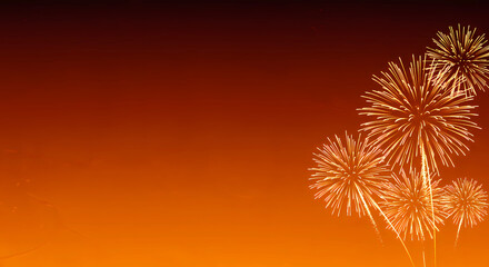 Bright fireworks explode on a dark orange canvas, providing room for text, generative ai