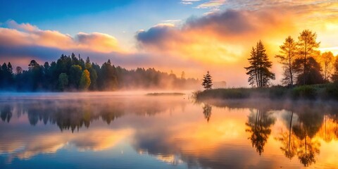 Fototapeta premium Ethereal Fog Rolling Over Serene Lake at Dawn - Misty Landscape Photography