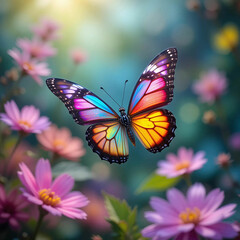 Fototapeta premium A multi-colored butterfly gracefully flies among vibrant natural surroundings, showcasing its vivid hues and delicate wings.