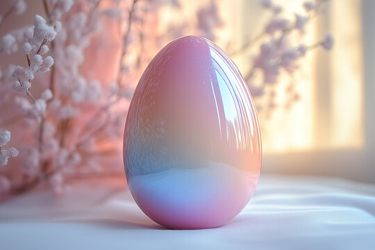 shiny gloss mirroring ceramic or plastic rainbow multicolor easter egg or home decor with a gradient effect fading to pink isolated on spring soft pastel background