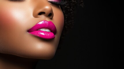 Fototapeta premium A striking female model with vibrant pink lips, half her face in shadow, exuding bold elegance and mystery.