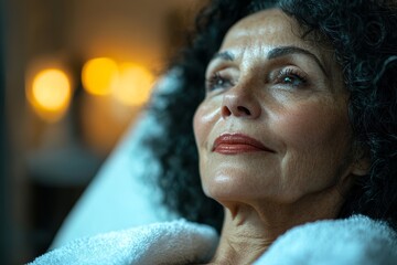 A beautiful American woman with curly hair at a cosmetologist's procedure. large portrait of a woman