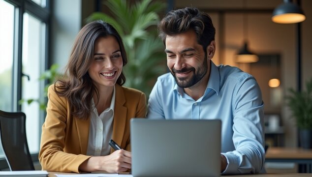 Mature Latin business man and European business woman discussing project on laptop gadget in office. Two diverse partners, colleagues, team of confident professional business people work together
