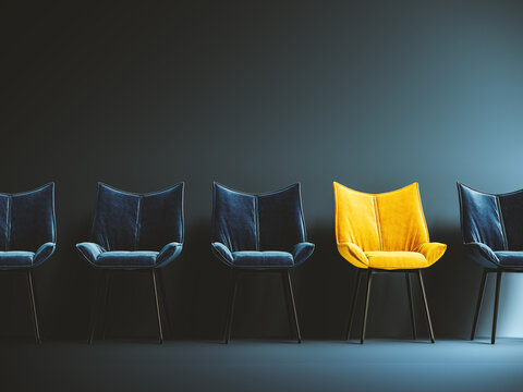 Hiring concept design. One empty yellow chair among many. One spot left. 3D Rendering, 3D Illustration
