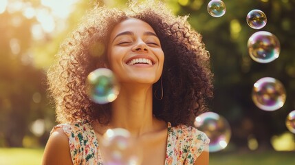 A joyful Black woman with curly hair smiles brightly as bubbles float around her, capturing the essence of happiness in a sunlit outdoor setting.