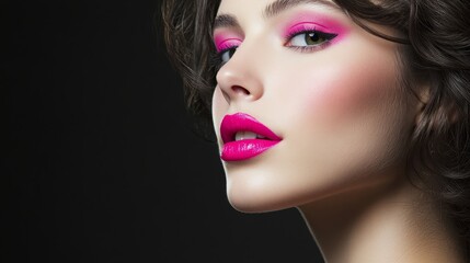 Fototapeta premium Beautiful female model with bright pink lips, half face in shadow, dramatic side lighting, f/2.0, minimal dark background