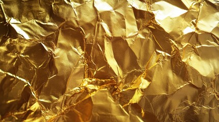 Golden crumpled foil texture with shimmering highlights, creating a vibrant and luxurious feel perfect for various design projects.