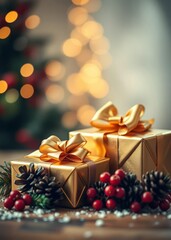 Two golden wrapped gifts with bows sit next to pinecones and red berries creating a cozy holiday atmosphere with bokeh lights - generative ai bokeh red bokeh abstract background glow design light text