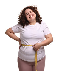 Weight loss. Happy plus size woman measuring waist with tape on white background