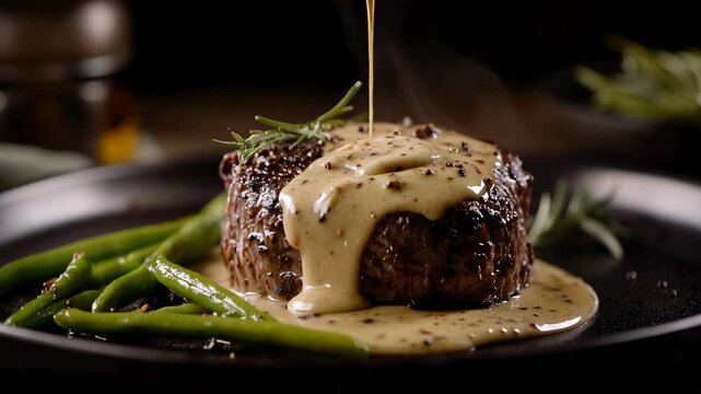 Slow motion footage of tender beef fillet while being smothered in rich white truffle cream with freshly ground black pepper, paired with steamed green beans on elegant black plate