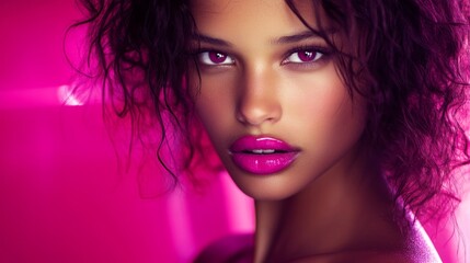 Fototapeta premium Beautiful female model with bright pink lips, half face in shadow, dramatic side lighting, f/2.0, minimal dark background