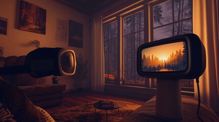 Two stylized televisions display nature scenes inside cozy room