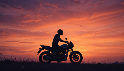 Silhouette Of Motorcyclist At Colorful Sunset