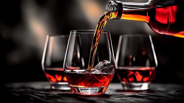 Slow motion capture of a bottle pouring whiskey or other alcoholic beverage with amber red color, on a glass with raw ice rocks, some glasses visible in the dark background