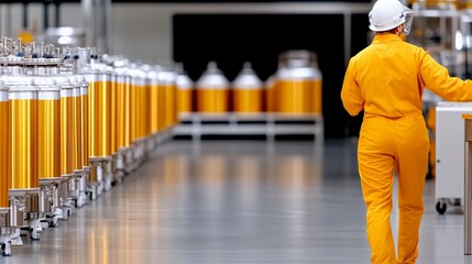 Obraz premium Worker in Orange Jumpsuit in Modern Industrial Factory Setting