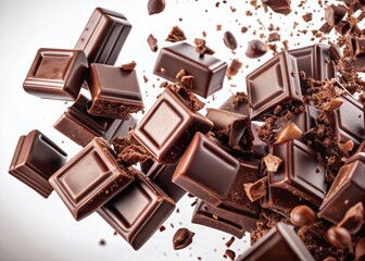 Falling Porous Chocolate Chunks, Long Exposure, Isolated on White