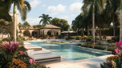 Fototapeta premium Beautiful swimming pool and luxurious villa surrounded by lush greenery