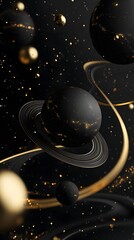 Naklejka premium 3D render, abstract wallpaper background with planets and rings, black and gold color scheme, sparkling stars, dark background, highly detailed