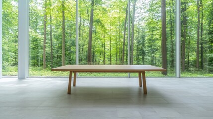 Fototapeta premium Modern table, forest view, calm room, meeting