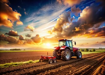 Fototapeta premium Farmer Plowing Field with Modern Tractor - Agricultural Landscape Stock Photo