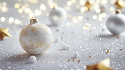 Fototapeta premium A beautifully arranged Christmas ornament in white and gold, set against a backdrop of sparkling lights and festive decorations.