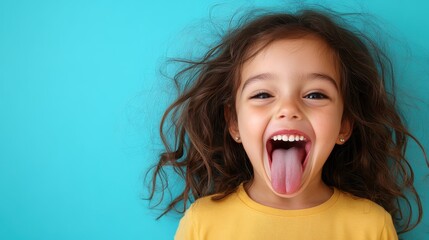 A delightful girl with brown wavy hair joyfully sticks out her tongue, embodying a spirit of youth and happiness against a cool turquoise background that enhances her vibrant personality.