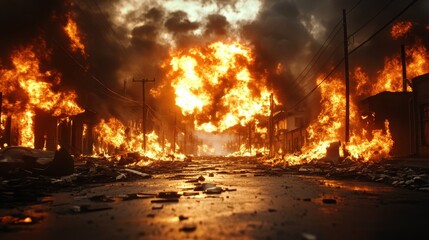 An apocalyptic scene filled with raging flames and billowing smoke, portraying the intense chaos and destruction that reflects deeper themes of loss, despair, and societal conflict.