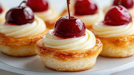 These beautifully styled cherry tarts feature a rich layer of creamy frosting topped with vibrant cherries, perfect for dessert lovers and sweet treats enthusiasts alike.