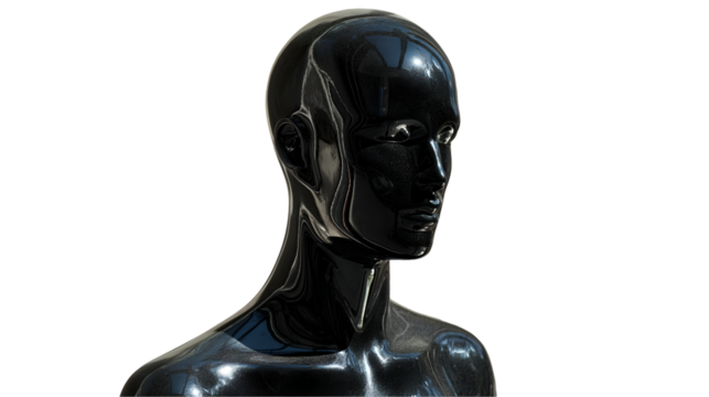 Sleek Black Mannequin Head Glossy Surface, Modern Art Studio Display, isolated on transparent background.