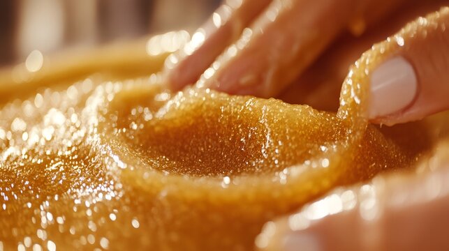 Hands preparing sugaring paste, revealing thick golden mixture for smooth body hair removal treatment
