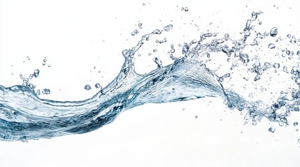 A dynamic splash of clear, blue water creating intricate patterns against a white background, showcasing fluid motion and transparency.