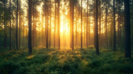 Fototapeta premium Sunrise Splendor in the Lush Green Forest with Towering Trees and Golden Light