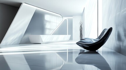 A modern reception area with sleek furniture and an impressive art piece.