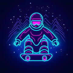 Fototapeta premium Neon snowboarder, mountain backdrop, winter sports, nighttime scene, ideal for apparel or website design