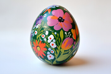 hand-painted Easter egg, floral motifs, handmade, primitive art, spring concept on white background