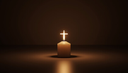Candle glowing with cross in dim room, symbol of peace