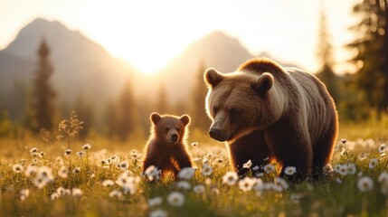 Fototapeta premium An enchanting moment captured between a bear and her cub, walking through a flower-filled meadow illuminated by gentle sunset hues and surrounded by serene mountains.
