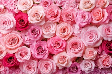 A soft pastel background featuring an array of delicate pink roses, creating a romantic and dreamy atmosphere for Valentine's Day or special events