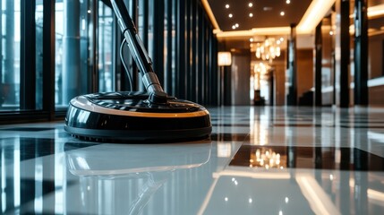 A powerful floor cleaning machine gliding over a shiny surface in an upscale environment, exemplifying industrial efficiency and cleanliness in commercial spaces.