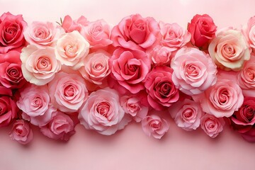 Fototapeta premium A soft pastel background featuring an array of delicate pink roses, creating a romantic and dreamy atmosphere for Valentine's Day or special events