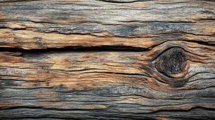 Close-up of weathered wooden texture showcasing rich browns and grays with intricate knots and grain patterns, ideal for rustic design projects.