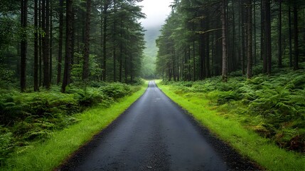 Naklejka premium Dark Wet Empty Road Through Green Misty Forest