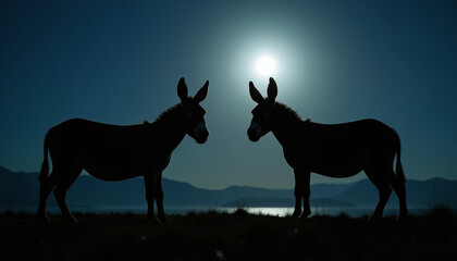 Naklejka premium Two donkeys silhouetted under moonlight in serene night, tranquility