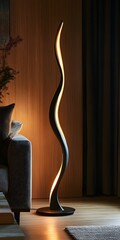 A decorative floor lamp with white LED lights, standing on the living room floor. It features curved lines and white LED light strips in a long, straight-line shape, supported by a tall metal stand