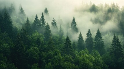A serene view of dense evergreen forests enveloped in mist, highlighting the tranquility of nature's beauty.