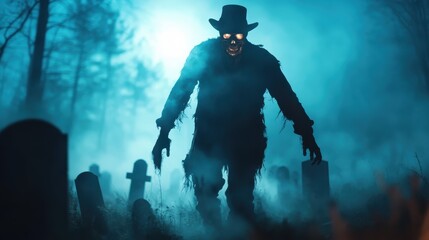 Fototapeta premium A haunting figure looms eerily in a misty graveyard, illuminated by moody light, creating a chilling atmosphere that conveys themes of mystery, fear, and the unknown.